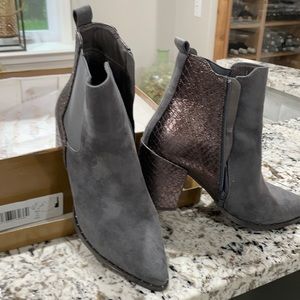 Fun suede look grey ankle boot with bronze decorative trim